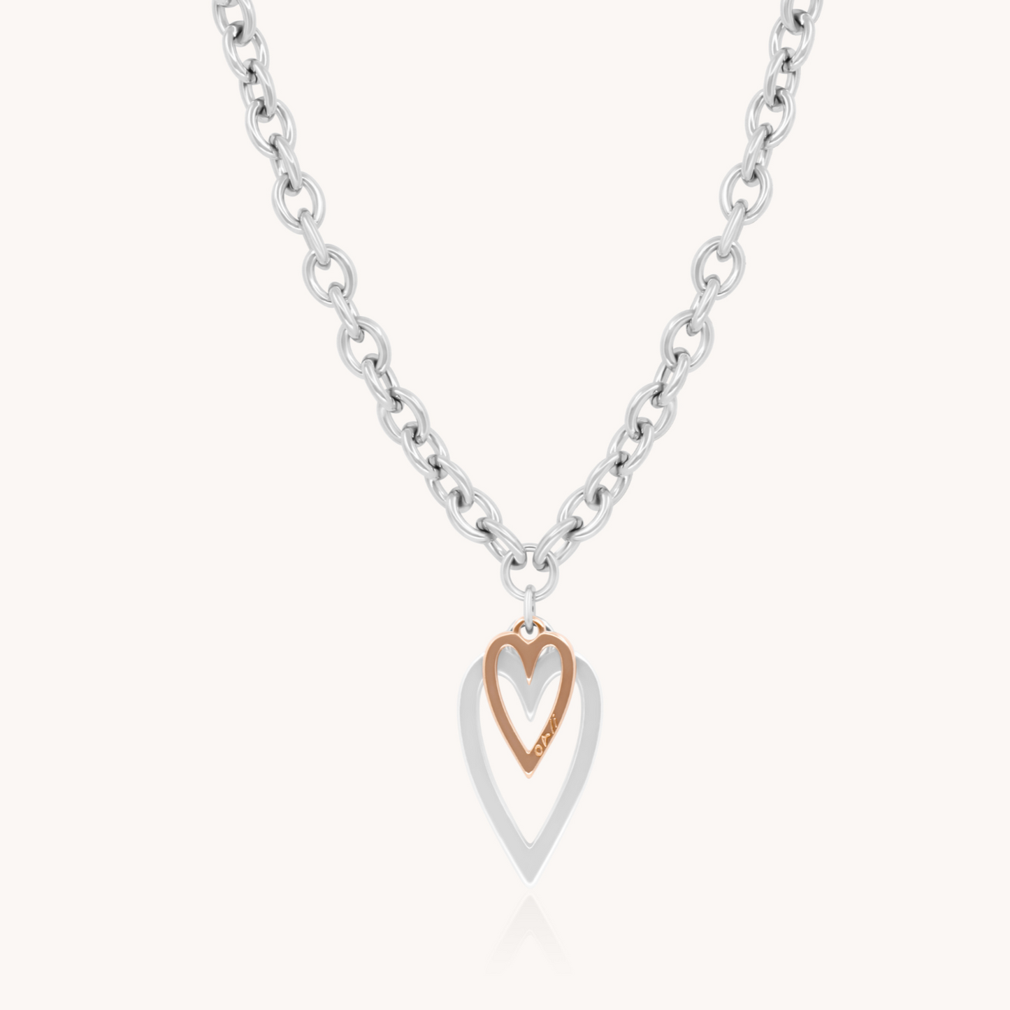 30N1235SR - Open & Mini Heart Chunky Necklace, Silver & Rose Gold