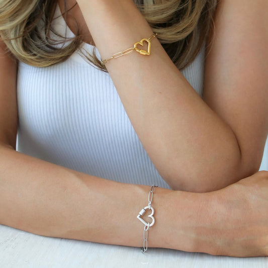 30B2817 - Heart Lock Paperclip Chain Bracelet, Silver