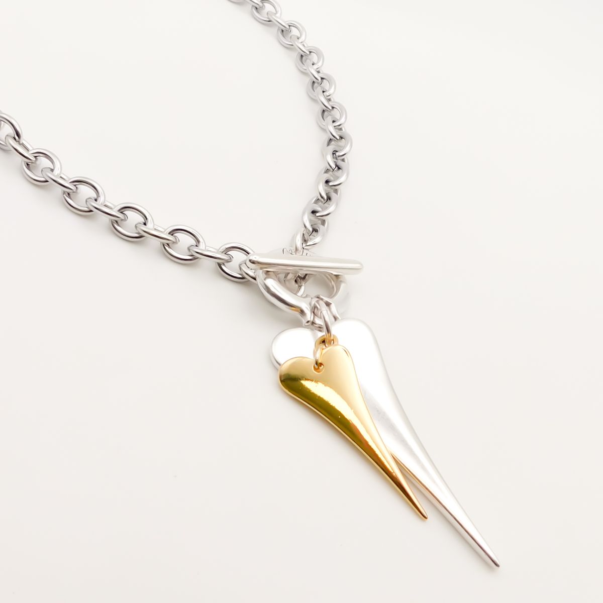 30N1205SG - Pointed Heart & Mini Heart Chunky Necklace, Silver & Gold