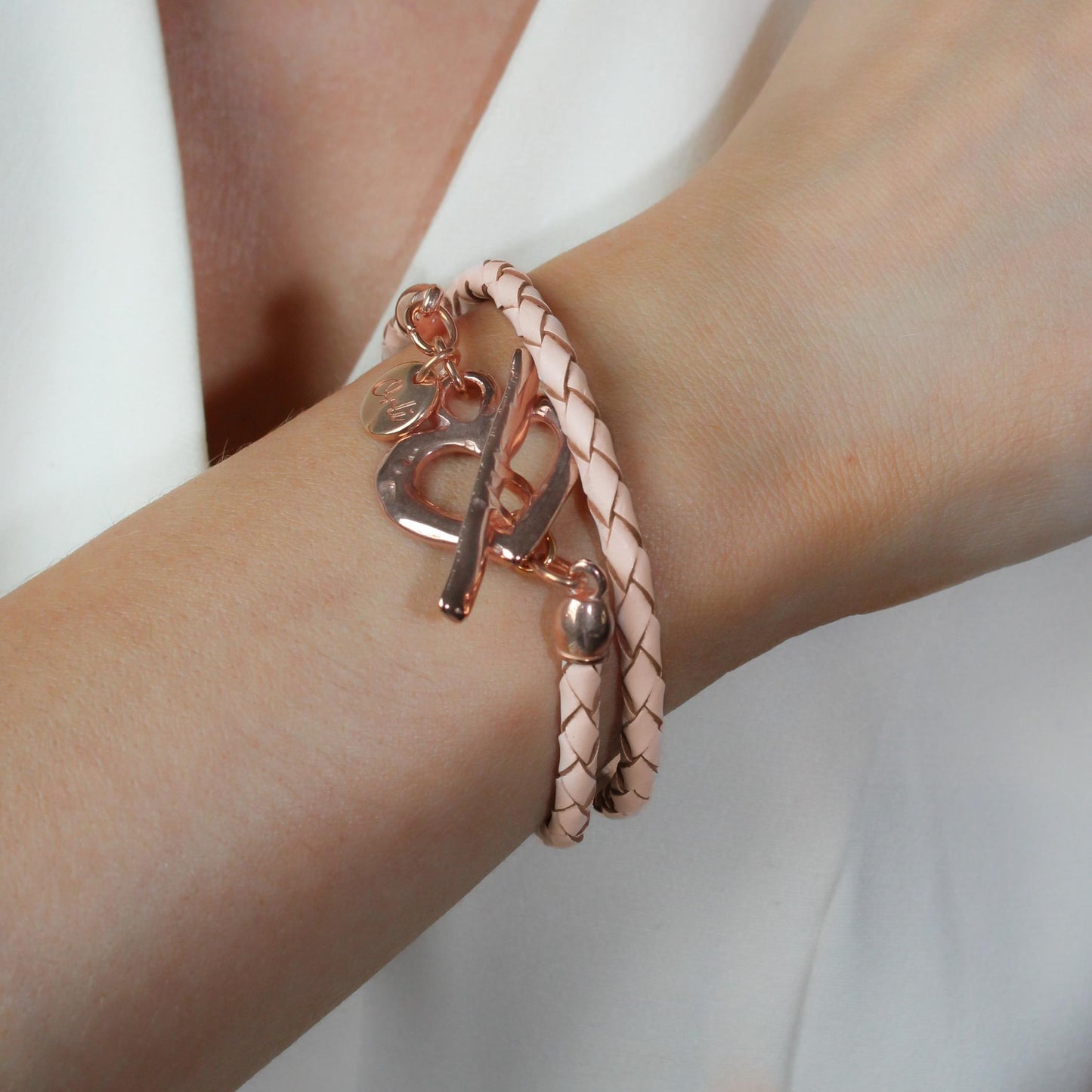 30B7015R - Pleated Leather Wrap Bracelet, Rose Gold & Pearlised Nude