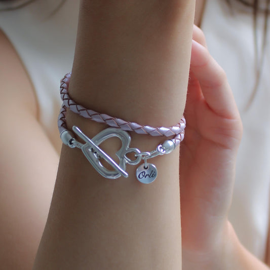 30B7015 - Pleated Leather Wrap Bracelet, Silver & Pink