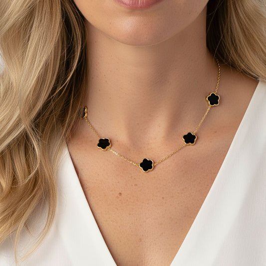 30N1027G - Black Multi Clover Necklace, Gold