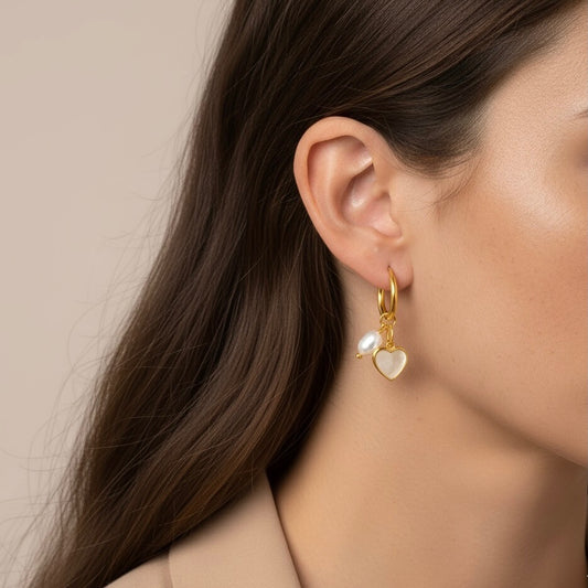 30E3144G - Heart & Pearl Huggie Hoops, Gold