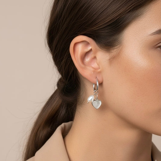 30E3144 - Heart & Pearl Huggie Hoops, Silver