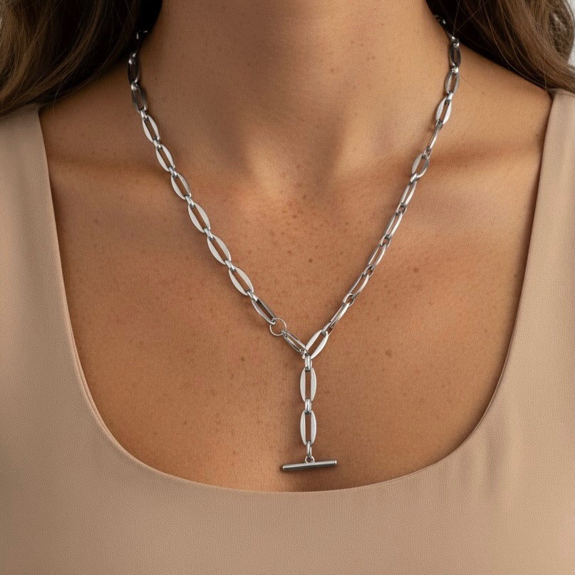 30N1885 - Adjustable Long Link Toggle Charm Necklace, Silver