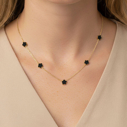 30N1028G - Mini Black Multi Clover Necklace, Gold