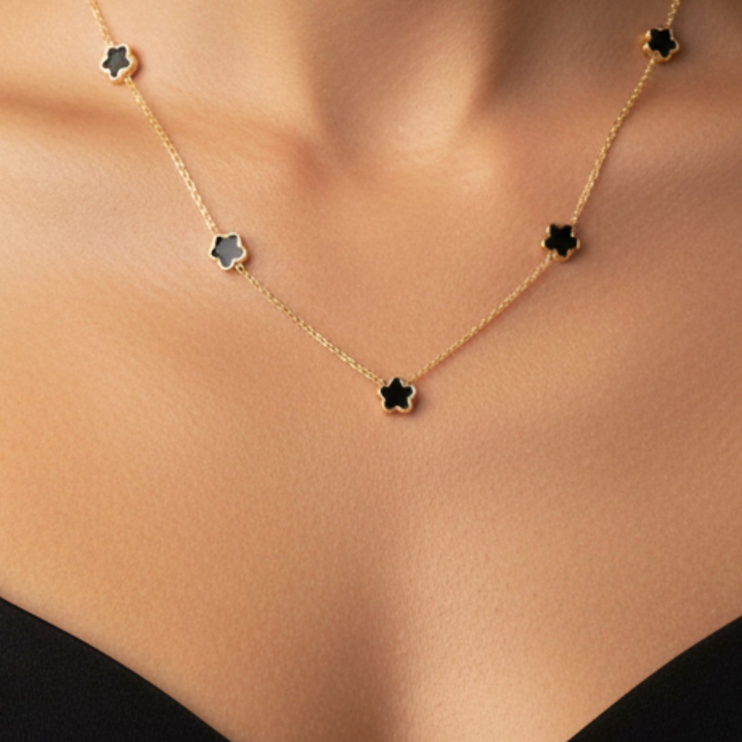 30N1028G - Mini Black Multi Clover Necklace, Gold