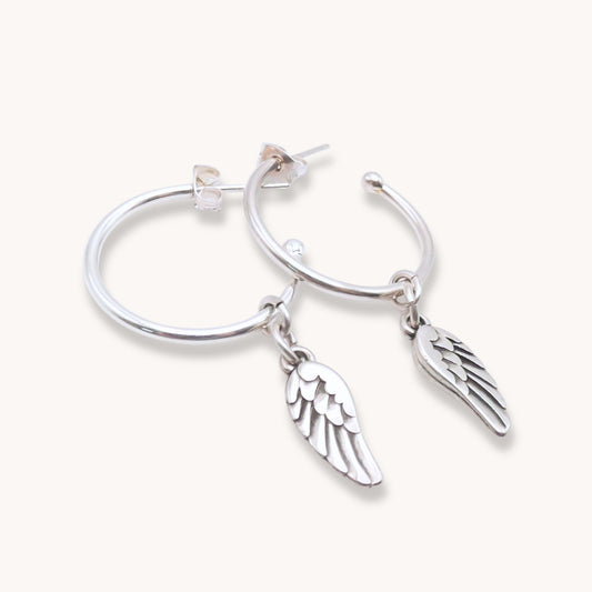 30E3154 - Angel Wing Hoop Earrings, Silver