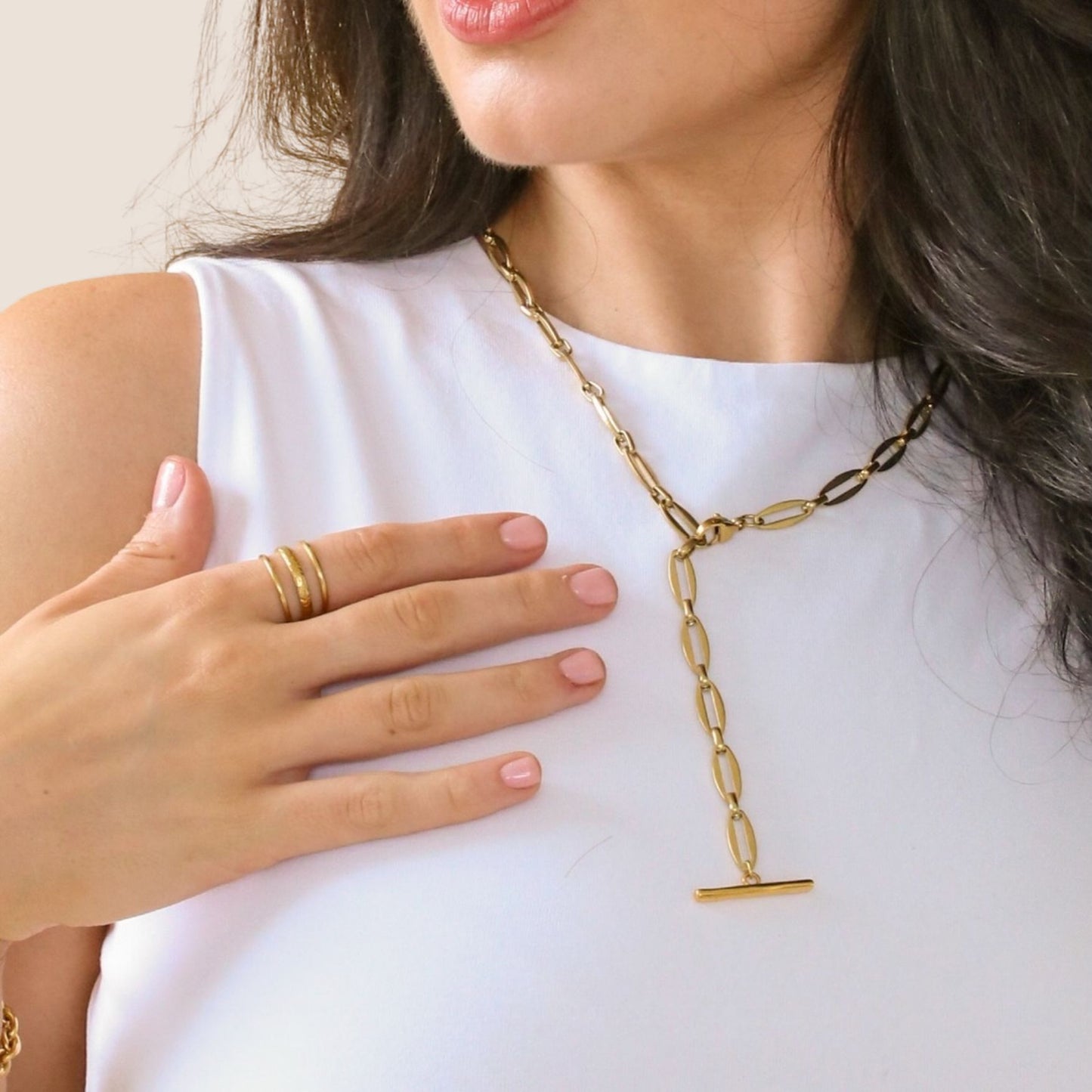 30N1885G - Adjustable Long Link Toggle Charm Necklace, Gold