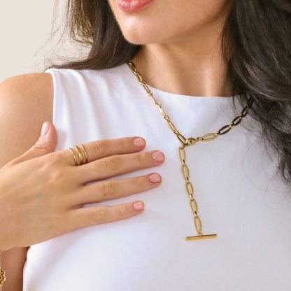 30N1885G - Adjustable Long Link Toggle Charm Necklace, Gold