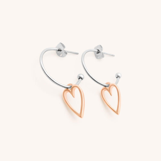 30E3180SR - Open Heart Hoop Earrings, Silver & Rose Gold