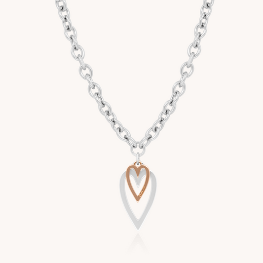 30N1235SR - Open & Mini Heart Chunky Necklace, Silver & Rose Gold