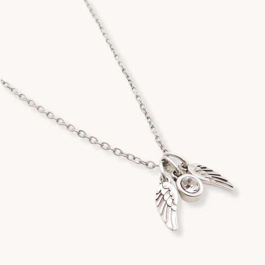 30N1634 - Twin Angel Wings & Birthstone Necklace, Silver