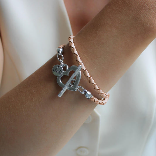 30B7015 - Pleated Leather Wrap Bracelet, Silver & Pearlised Nude