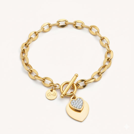 30B2046G - Double Crystal Heart Chunky T-bar Bracelet in Gold
