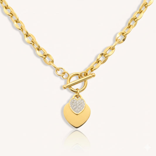 30N1029G - Double Crystal Heart Chunky T-bar Necklace in Gold