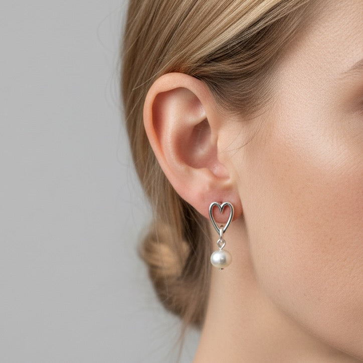 30E3303 - Open Heart & Pearl Stud Earrings, Silver