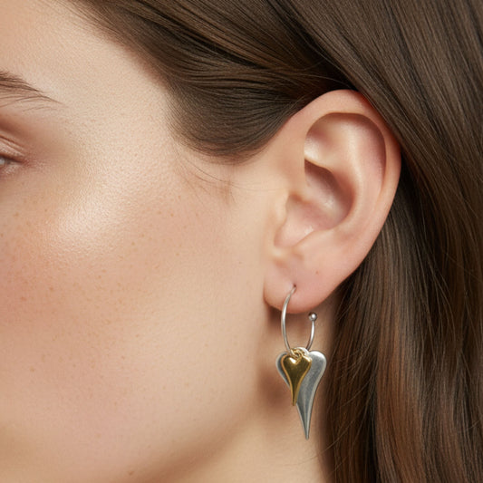 30E3174 - Hourglass & Mini Heart Hoop Earrings in Silver and Gold