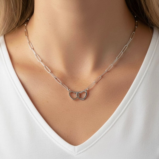 30N1830 - Interlinked Heart Paperclip Necklace, Silver