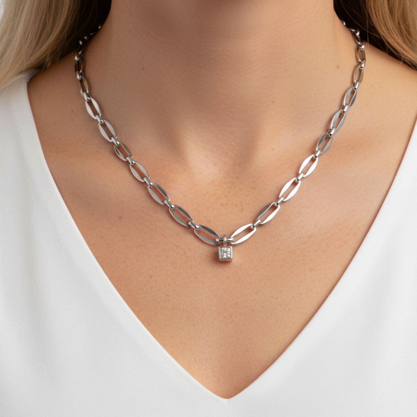 30N1871 - Long Link Square Birthstone Necklace, Silver