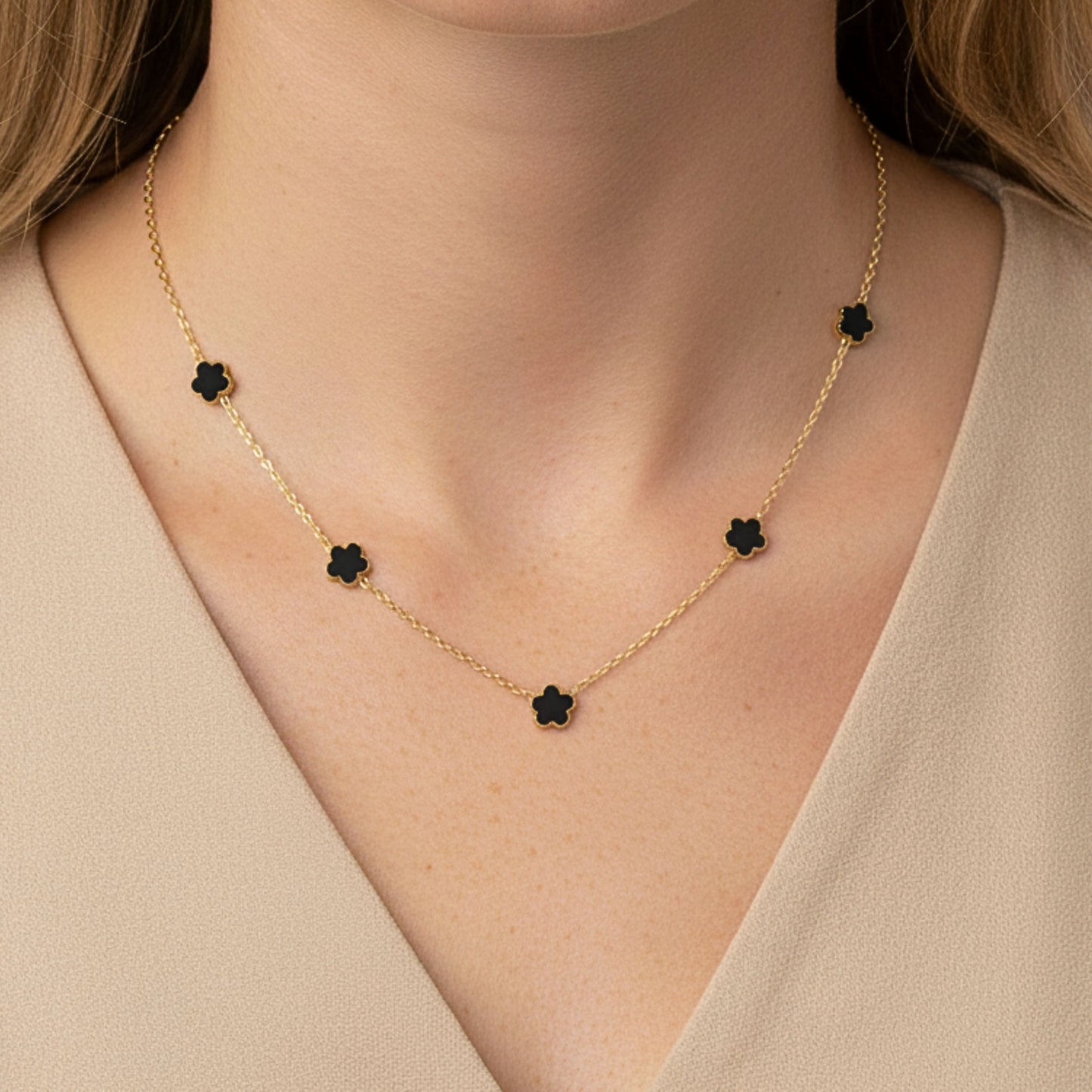 30N1028G - Mini Black Multi Clover Necklace, Gold