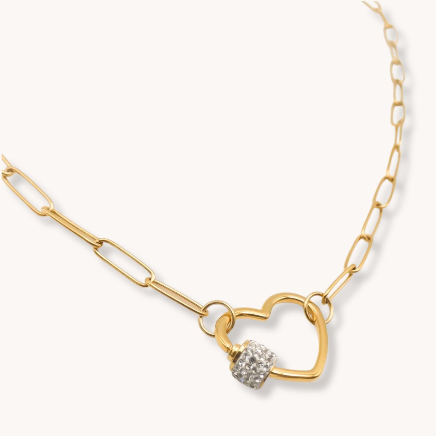 30N1864G - Pave Heart Lock Paperclip Necklace, Gold