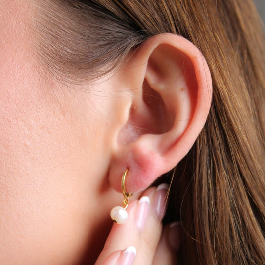 30E3189G - Pearl Huggie Hoops, Gold