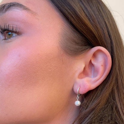 30E3189 - Pearl Huggie Hoops, Silver