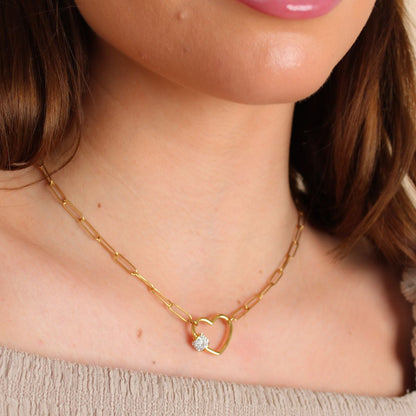 30N1864G - Pave Heart Lock Paperclip Necklace, Gold